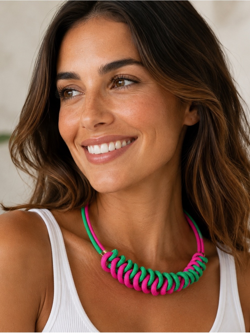 Pink & Green Woven Rope Statement Necklace | Gold Tone | Adjustable